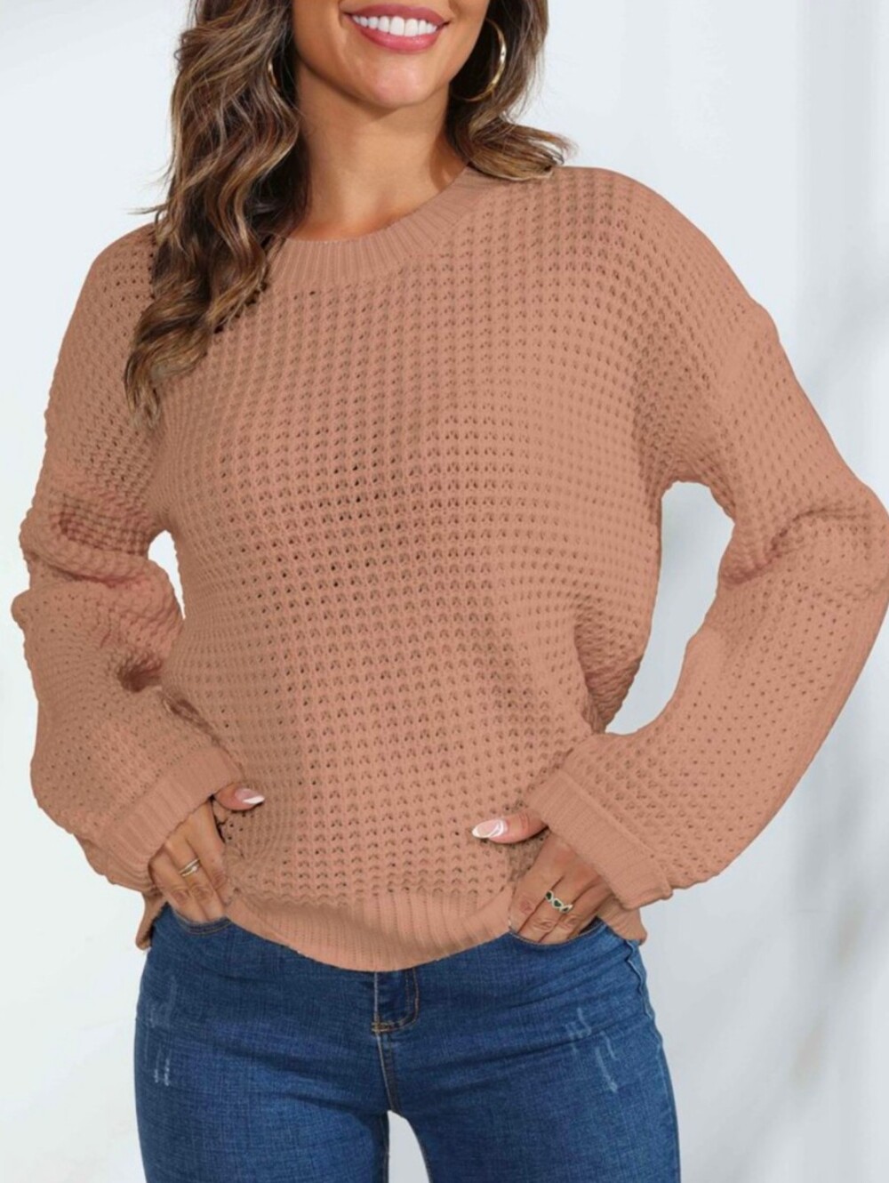 Sincerely Jules Waffle-Knit Crewneck Sweater in Mauve Pink L